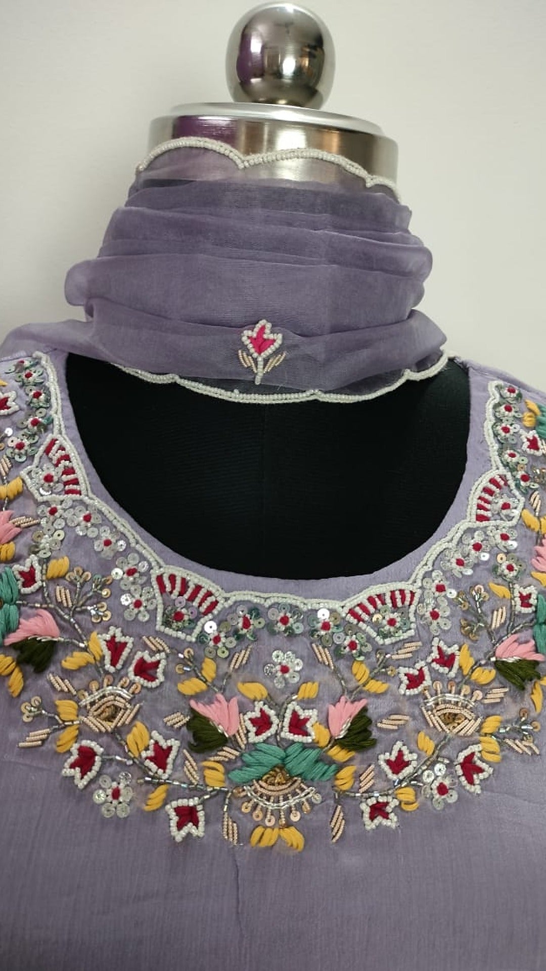 Light lavender colour pure Chinon 3 piece straight-fit kurthi set