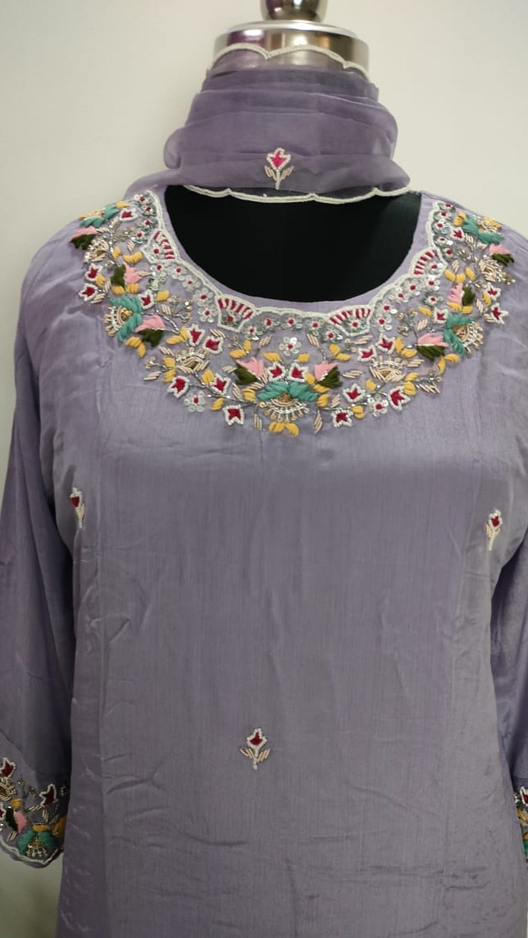 Light lavender colour pure Chinon 3 piece straight-fit kurthi set