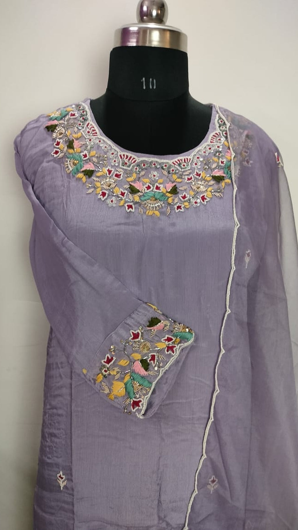 Light lavender colour pure Chinon 3 piece straight-fit kurthi set