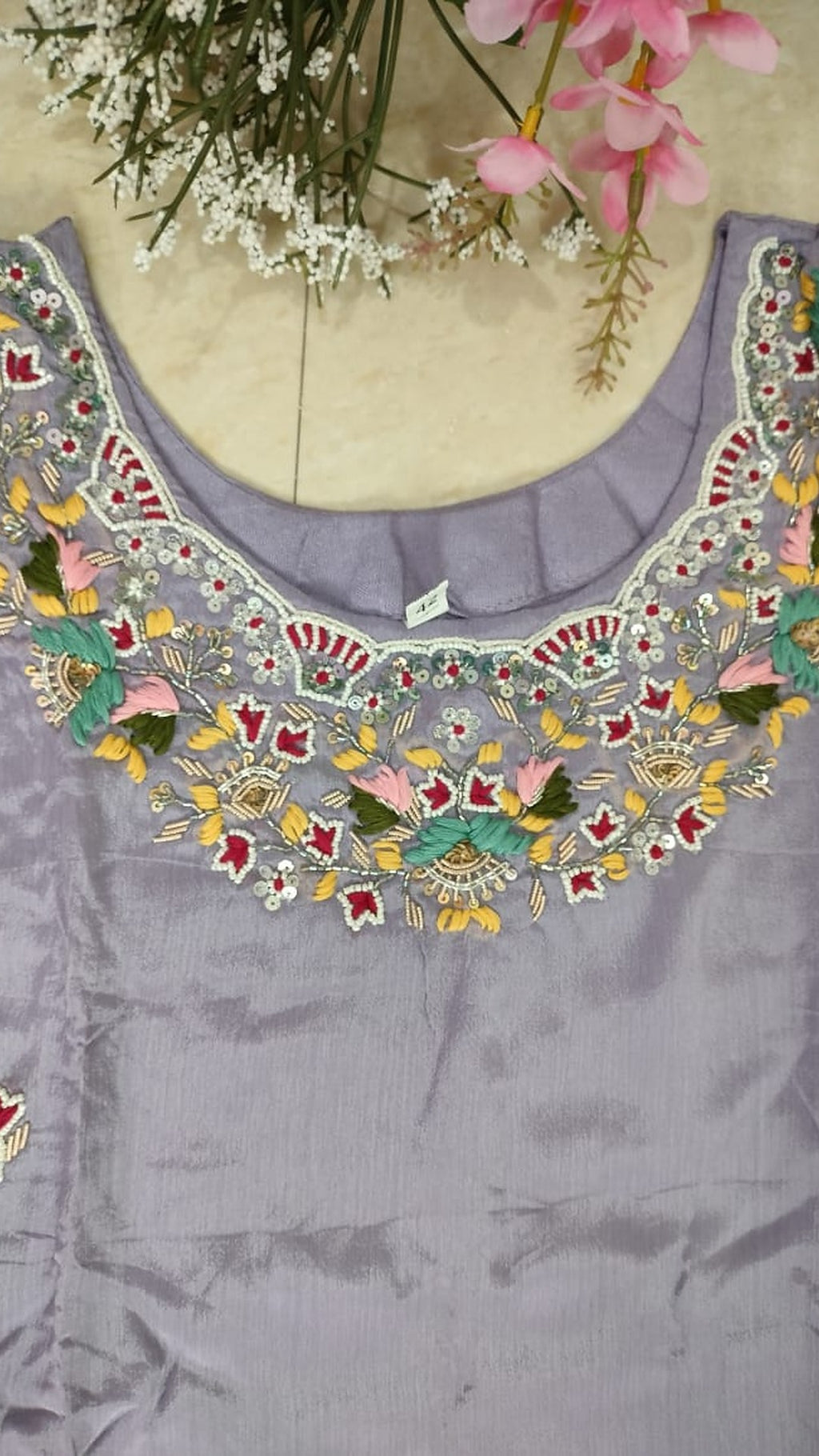 Light lavender colour pure Chinon 3 piece straight-fit kurthi set