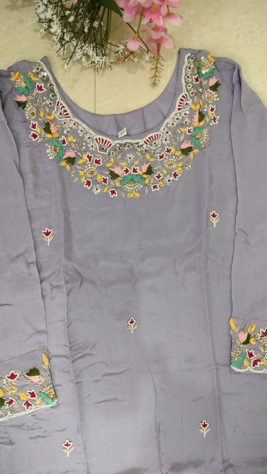 Light lavender colour pure Chinon 3 piece straight-fit kurthi set