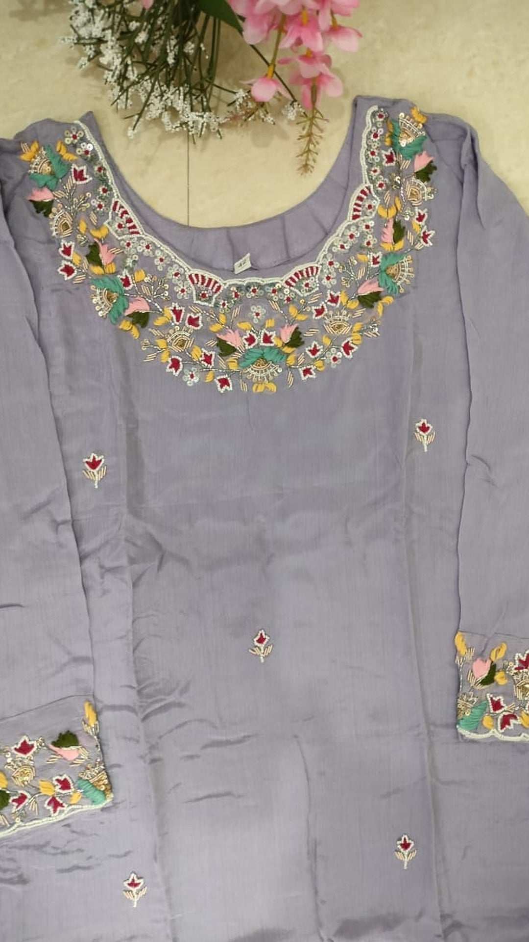 Light lavender colour pure Chinon 3 piece straight-fit kurthi set