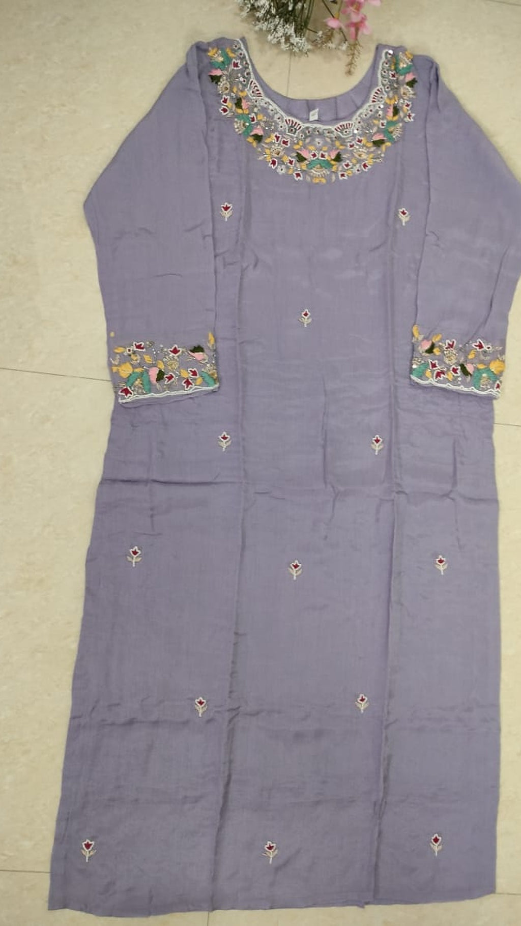 Light lavender colour pure Chinon 3 piece straight-fit kurthi set