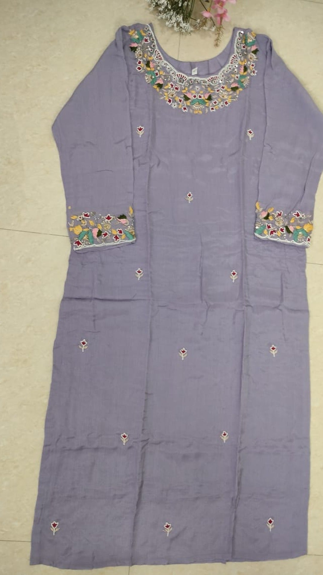 Light lavender colour pure Chinon 3 piece straight-fit kurthi set