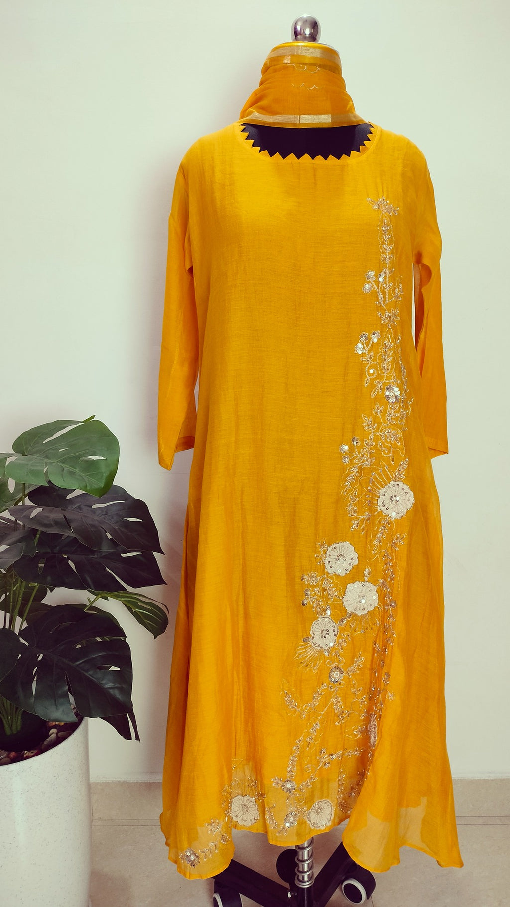 Premium mul chanderi Yellow colour A-line suit set