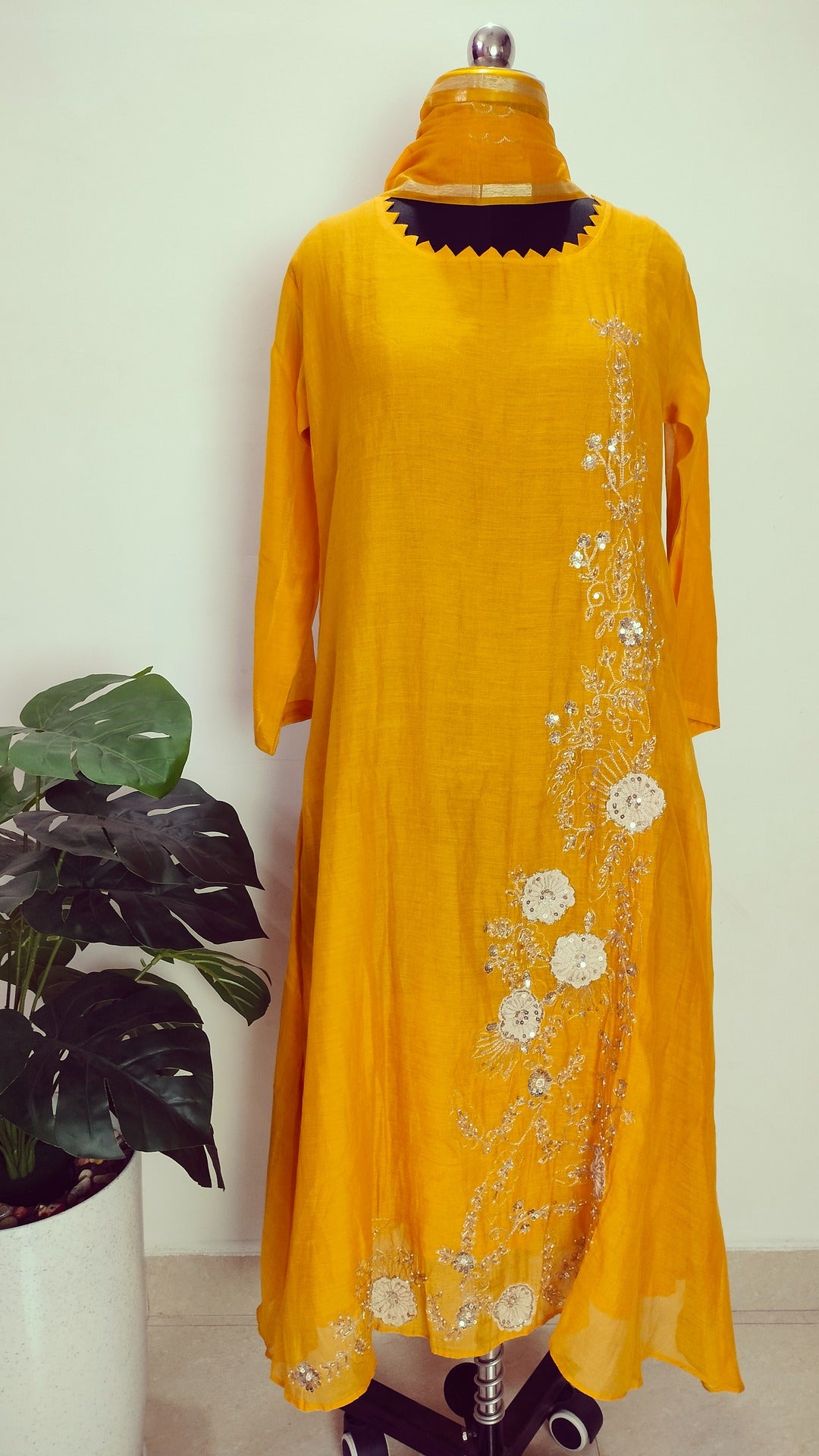Premium mul chanderi Yellow colour A-line suit set